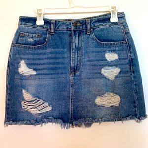 High Waisted Jean Distressed Mini Skirt - Large